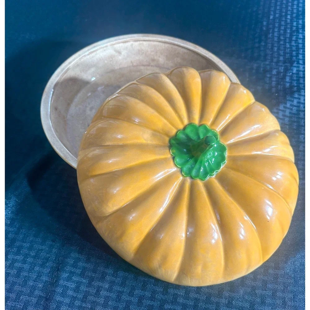Vintage Ceramic Pumpkin Pie Keeper Dish w Lid Fall Thanksgiving Cottagecore